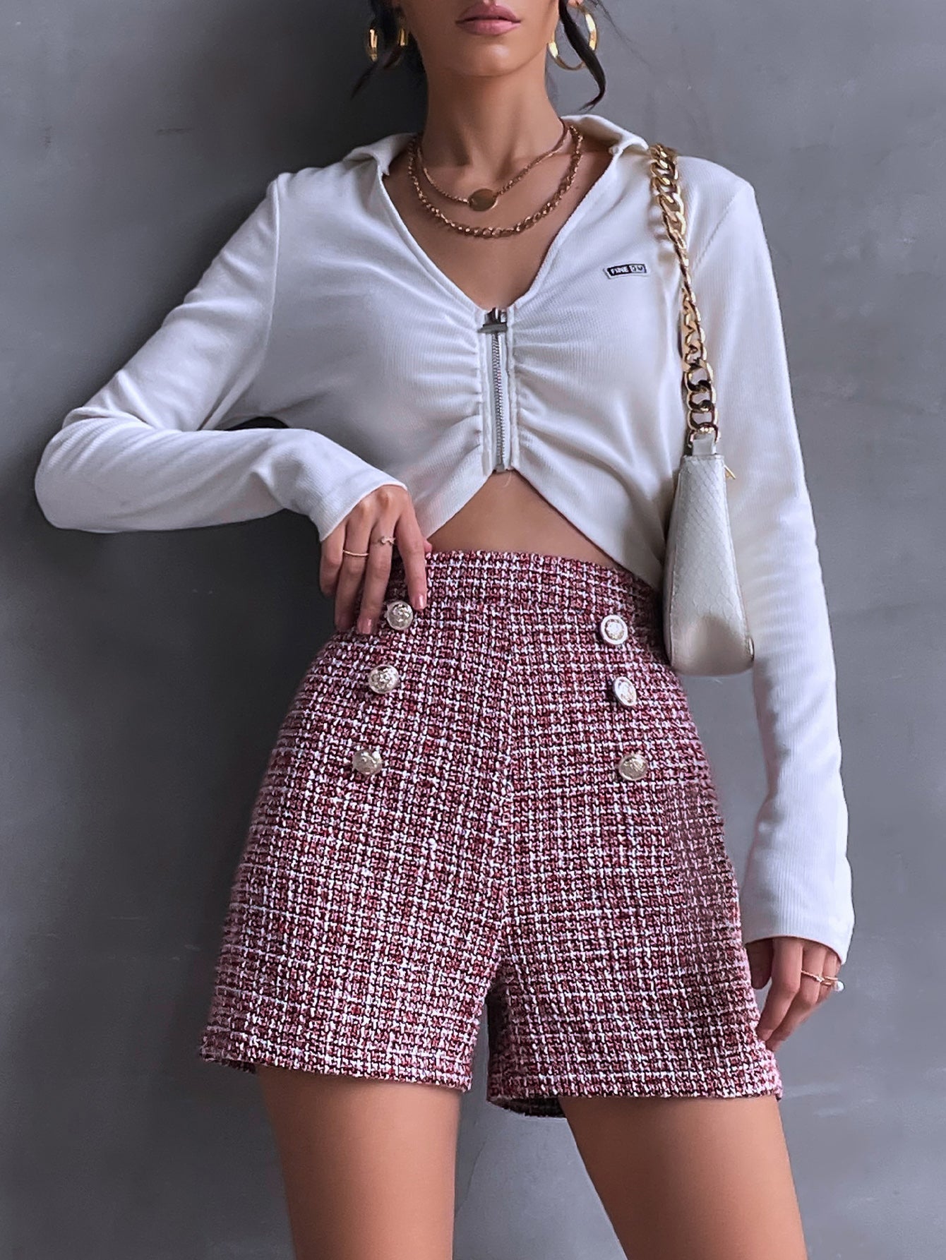 High Waist Button Detail Zip Back Gingham Tweed Shorts