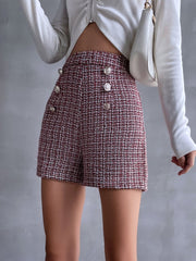 High Waist Button Detail Zip Back Gingham Tweed Shorts