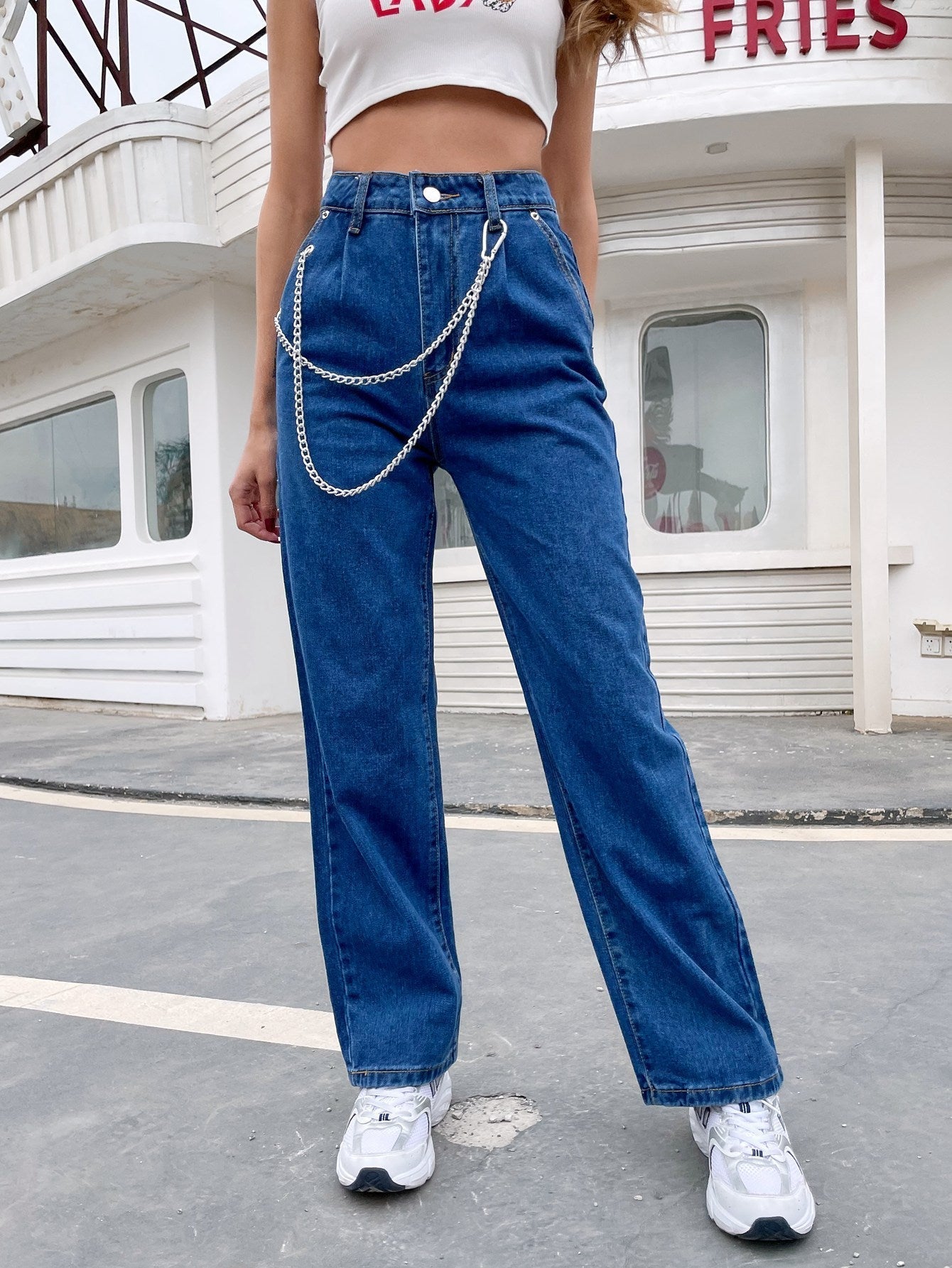 High Waist Chain Strap Straight Jeans