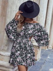 High-waisted flared sleeve printed long-sleeved off the shoulder dress