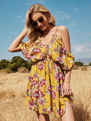 Holiday Beach Wedding Floral Off-shoulder Bat-sleeve Halter Suspender Dress