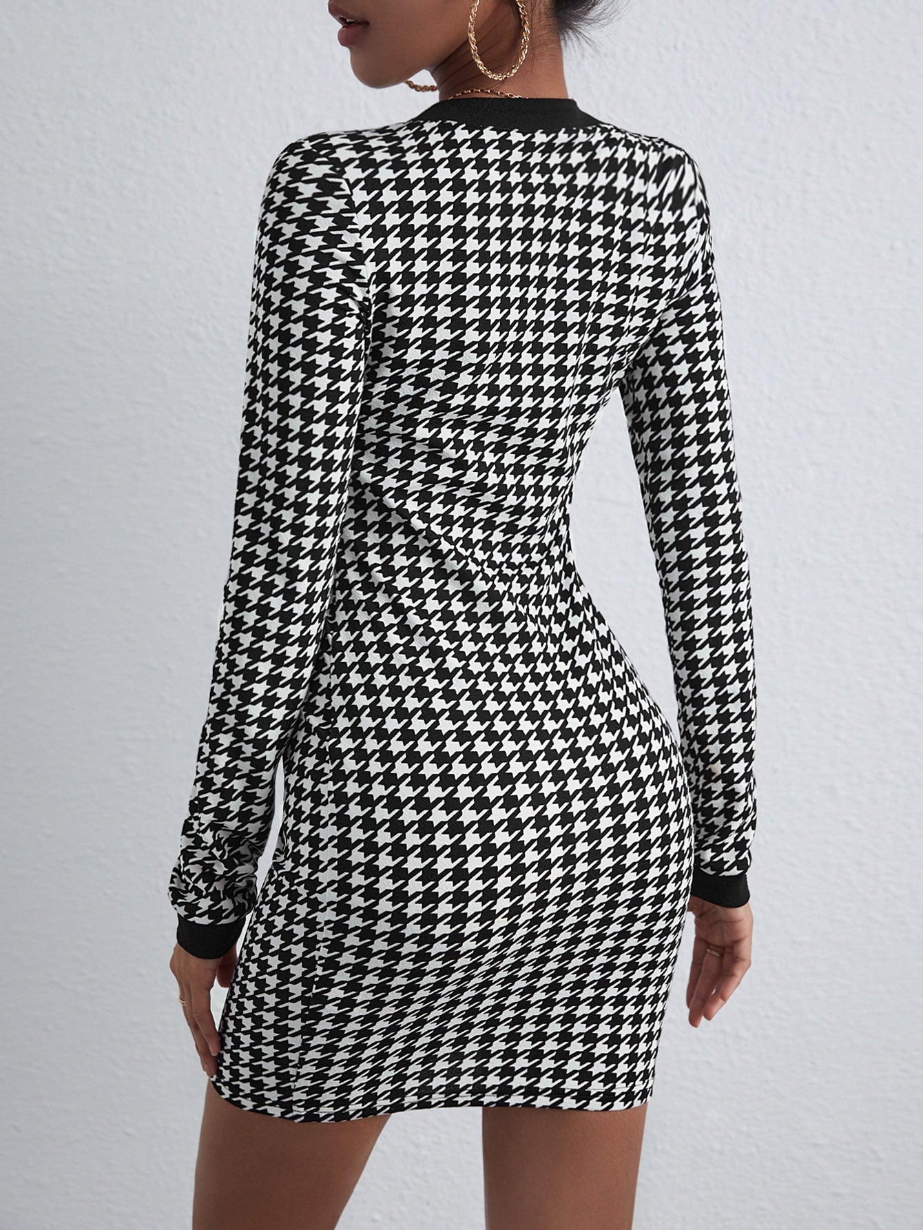 Houndstooth Button Up Bodycon Dress