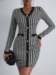 Houndstooth Button Up Bodycon Dress