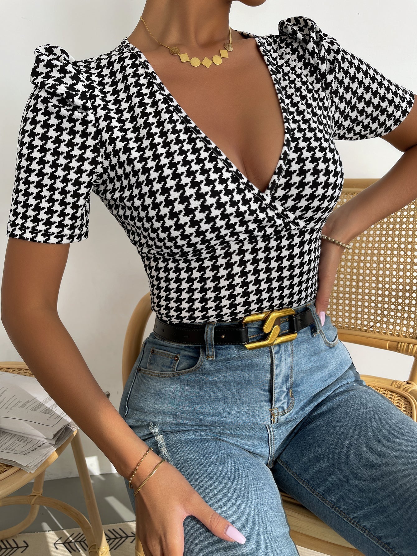 Houndstooth Print Puff Sleeve Bustier Top