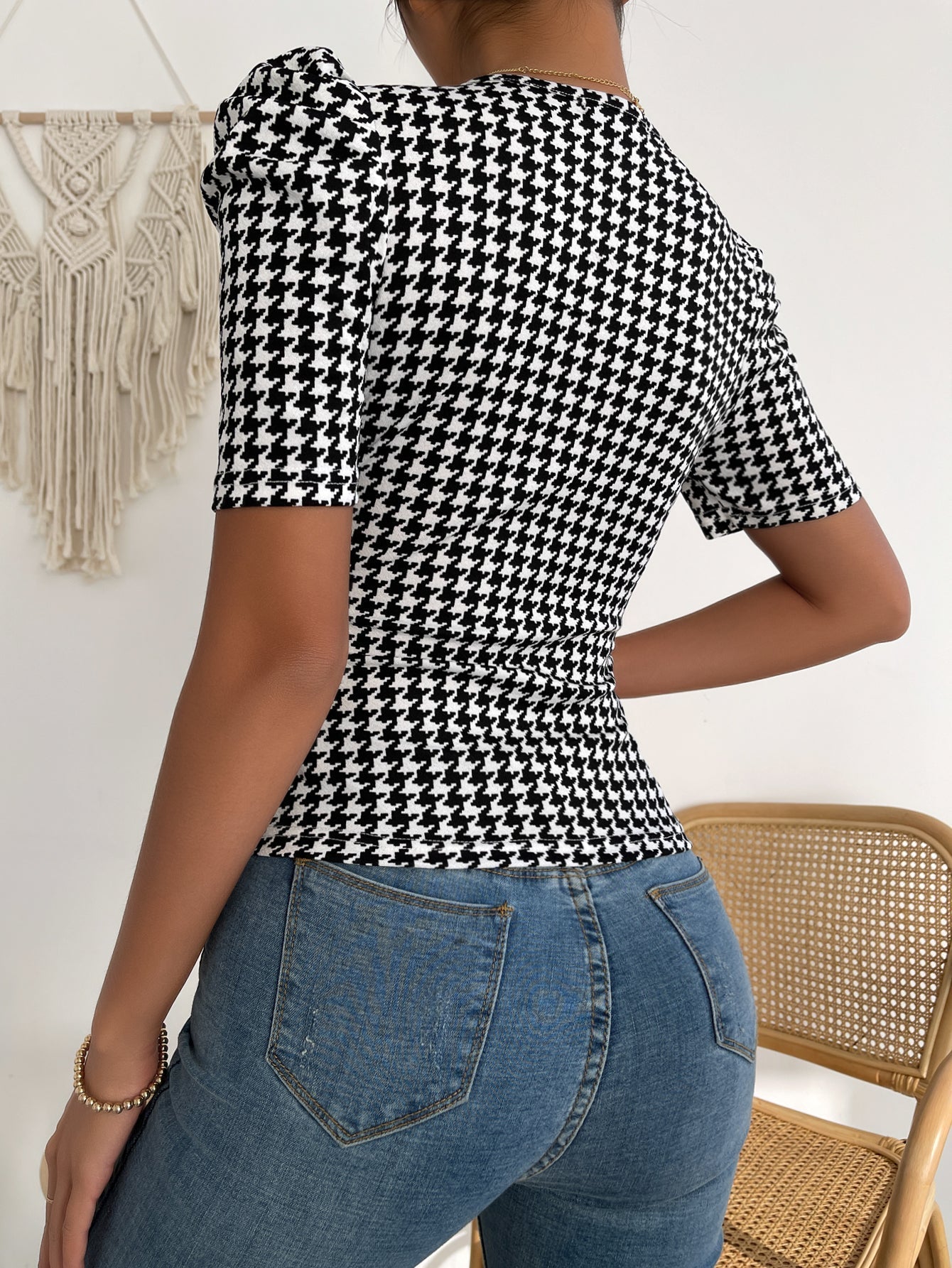 Houndstooth Print Puff Sleeve Bustier Top