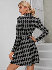 Houndstooth Print Puff Sleeve Flare Dress