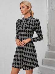 Houndstooth Print Puff Sleeve Flare Dress