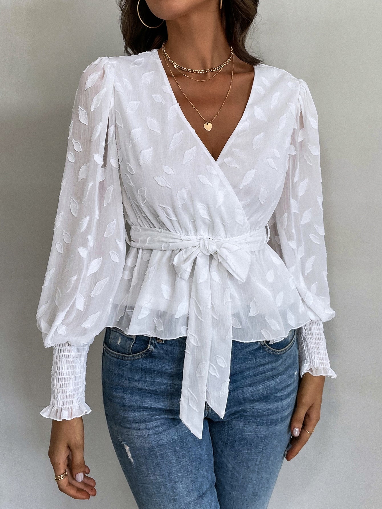 Jacquard Lantern Sleeve Shirred Cuff Belted Blouse