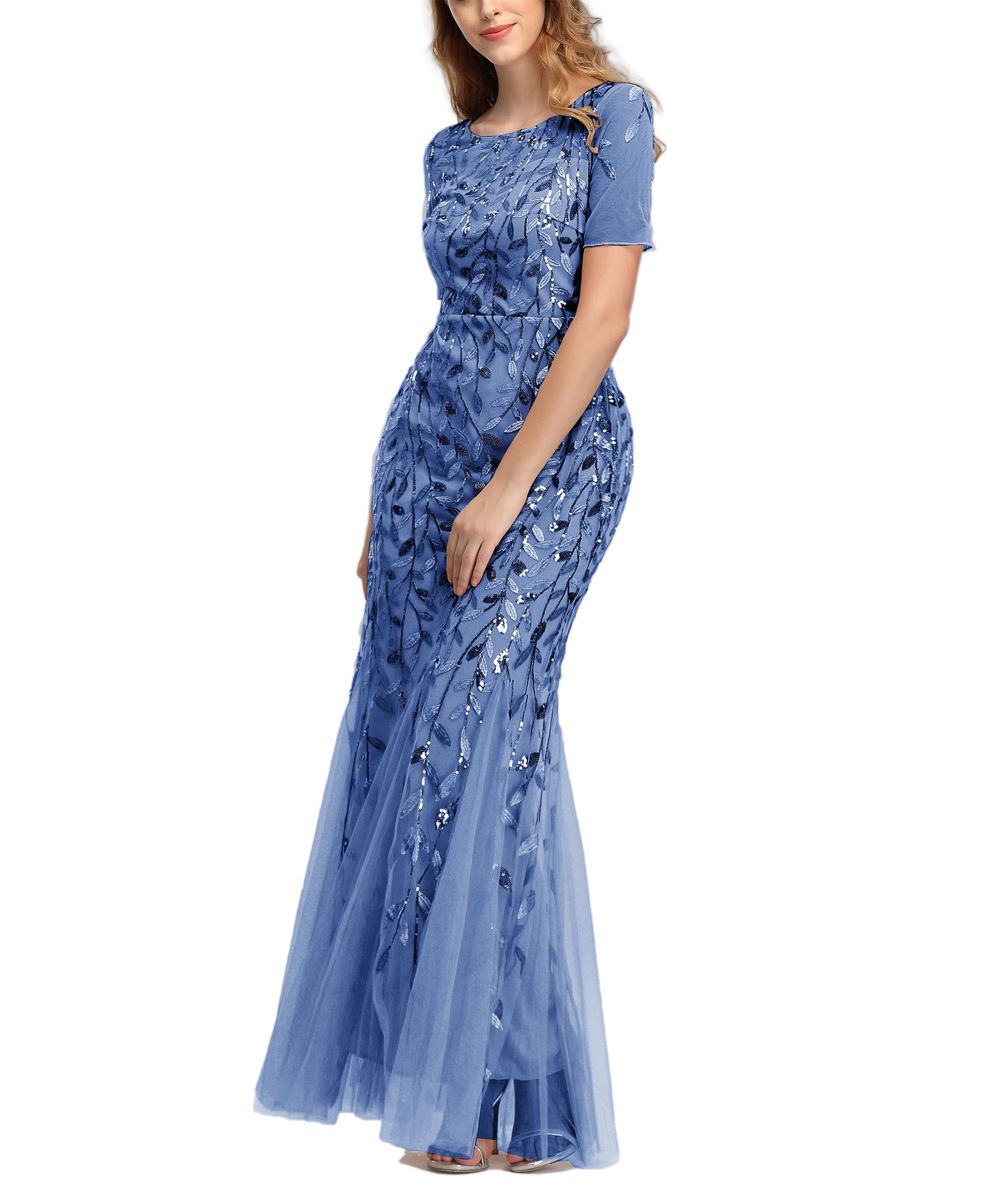 Jewel Neck Short Sleeve Floor Length Tulle Dress