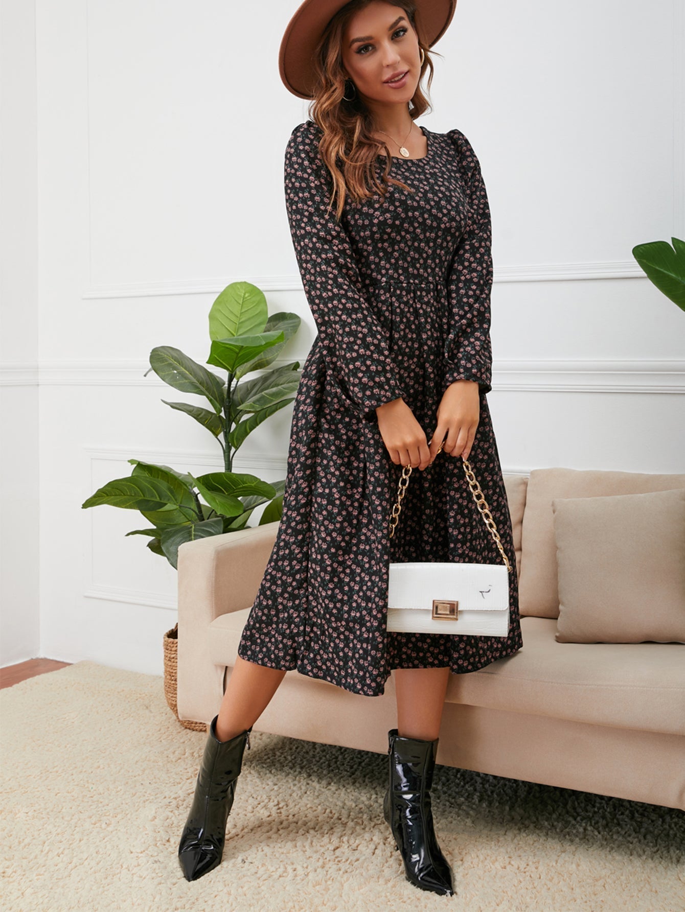 Knit Rib Puff Sleeve Flare Dress