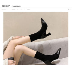 Block Heel Pointy Mid Calf Boots