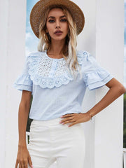 Lace hollow round neck ruffled short-sleeved shirt top