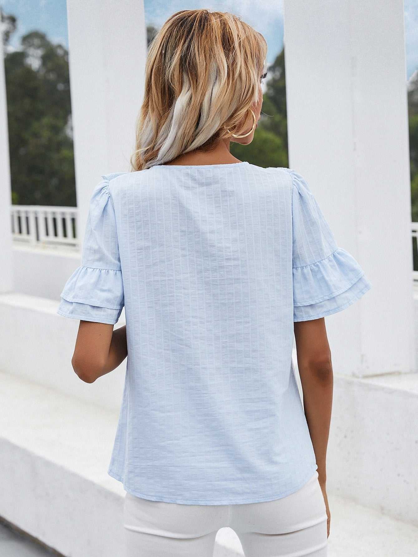 Lace hollow round neck ruffled short-sleeved shirt top