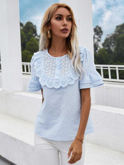 Lace hollow round neck ruffled short-sleeved shirt top