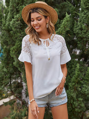 Ladies Lace Short Sleeve T-Shirt Loose Round Neck Solid Color Pullover Top