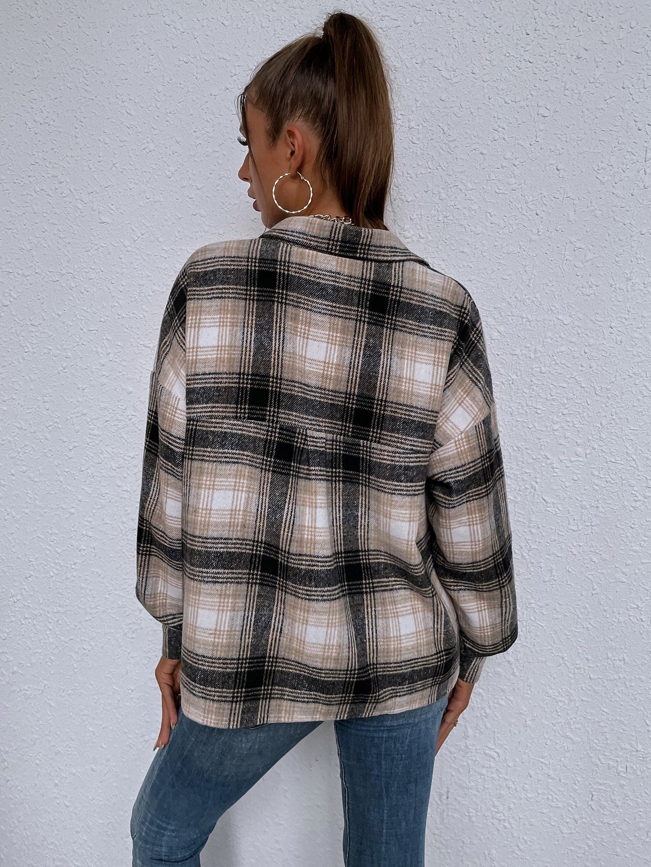 Ladies New Lapel Casual Long Sleeve Plaid Shirt