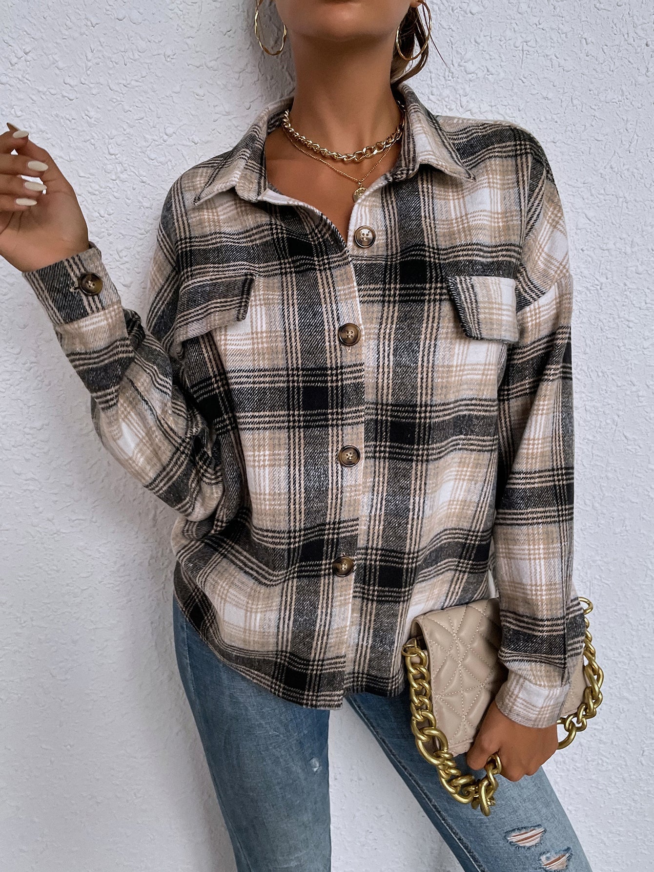 Ladies New Lapel Casual Long Sleeve Plaid Shirt