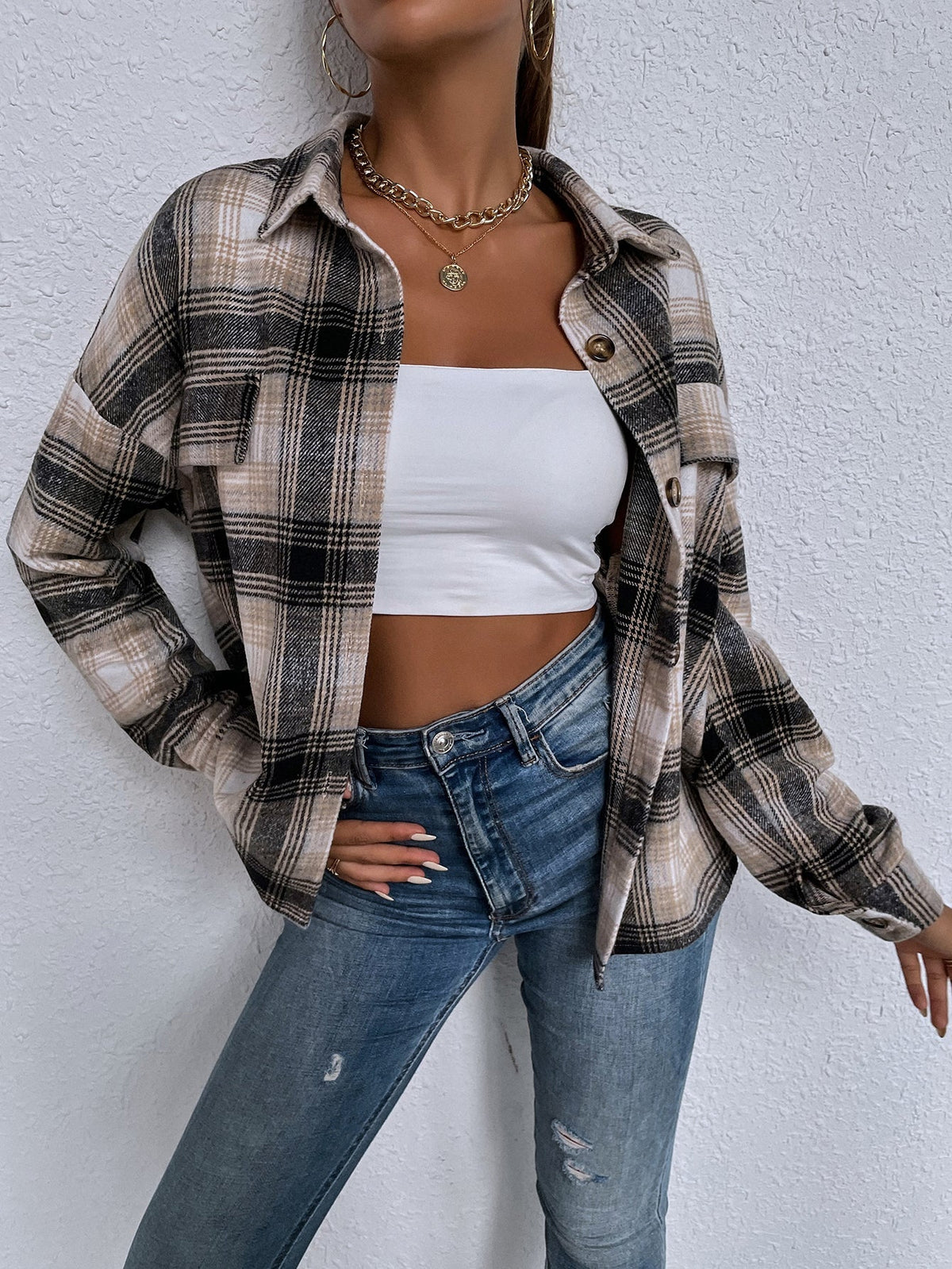 Ladies New Lapel Casual Long Sleeve Plaid Shirt