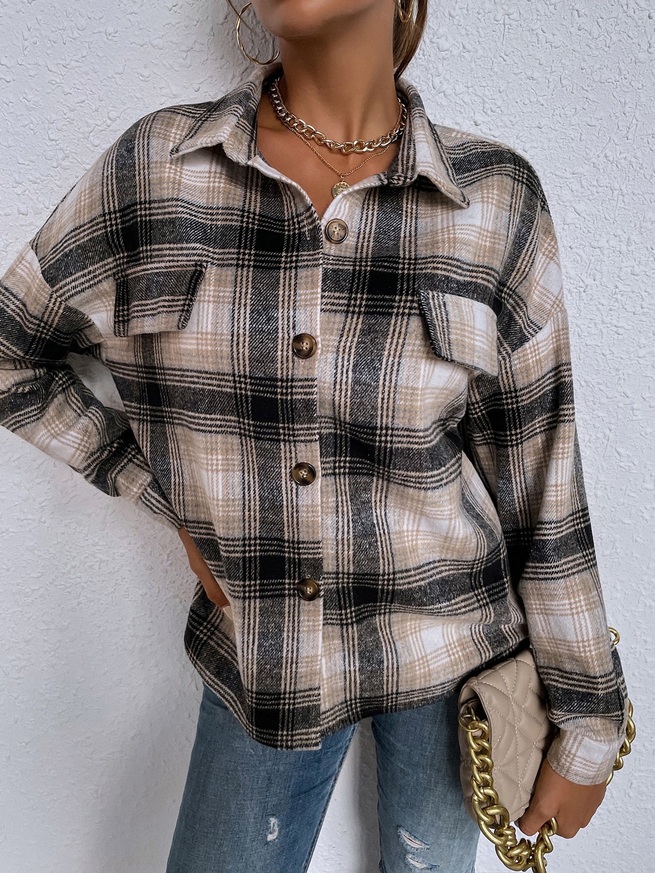 Ladies New Lapel Casual Long Sleeve Plaid Shirt