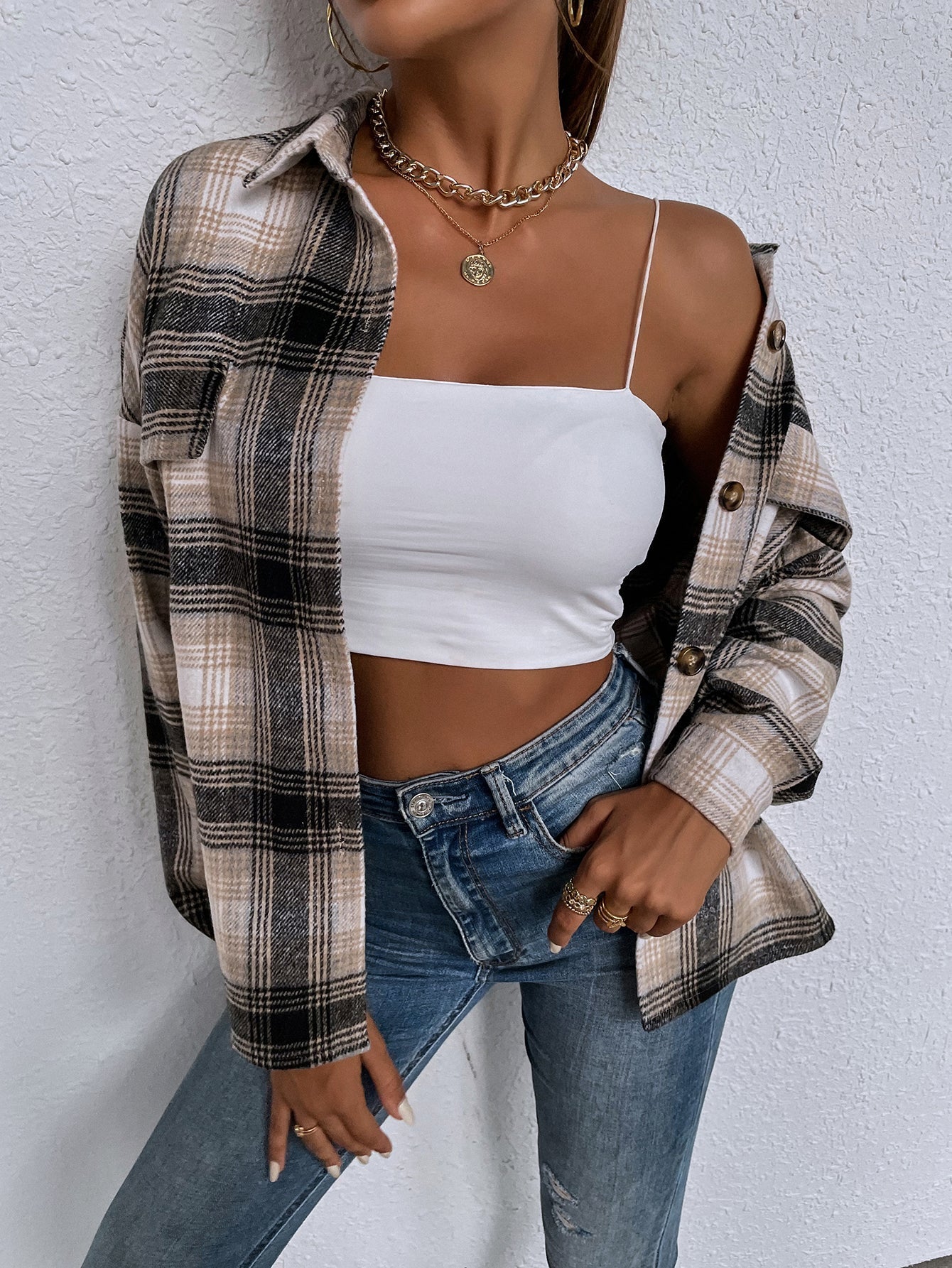 Ladies New Lapel Casual Long Sleeve Plaid Shirt