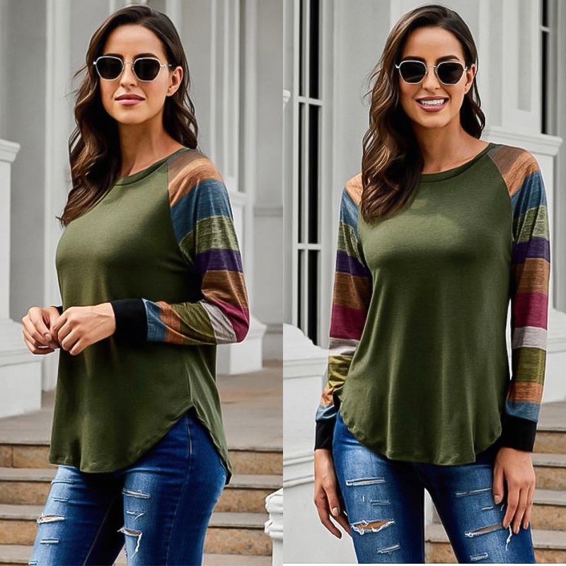 Ladies tops round neck contrast long sleeves sweatshirt