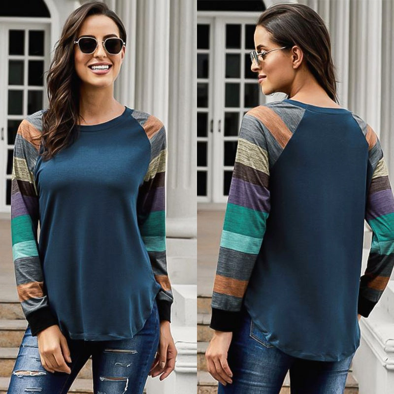 Ladies tops round neck contrast long sleeves sweatshirt