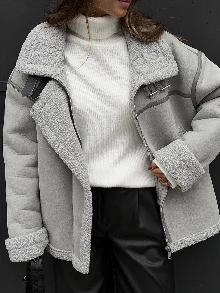 Lamb Wool Zipper Loose Casual Thick Warm Streetwear Coats