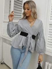 Lantern Sleeve Stripe V-neck Blouse