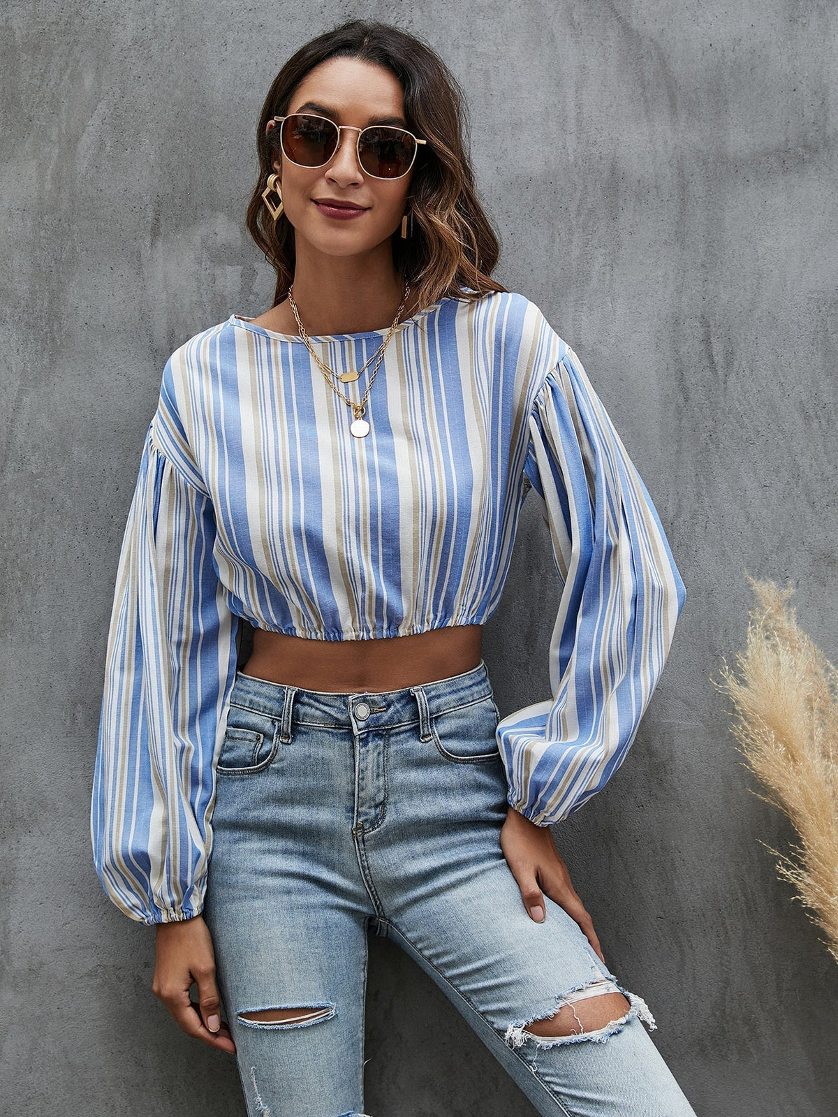 Lantern Sleeve Striped Top