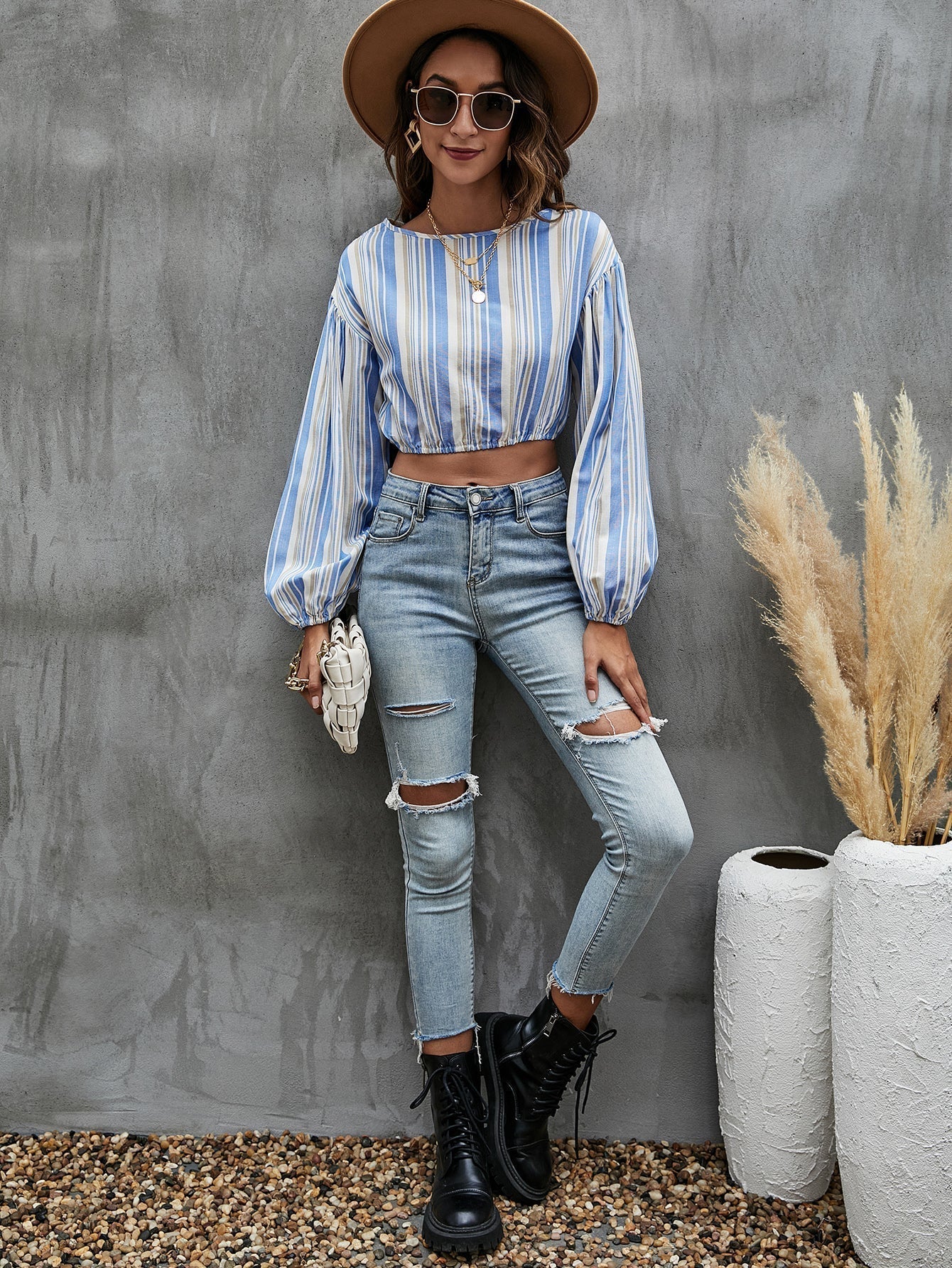 Lantern Sleeve Striped Top