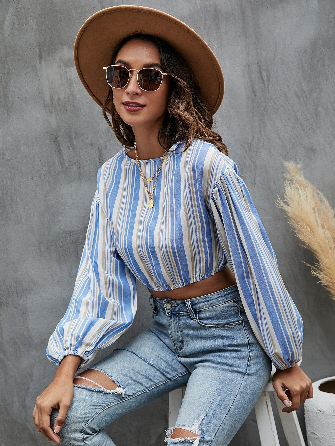 Lantern Sleeve Striped Top