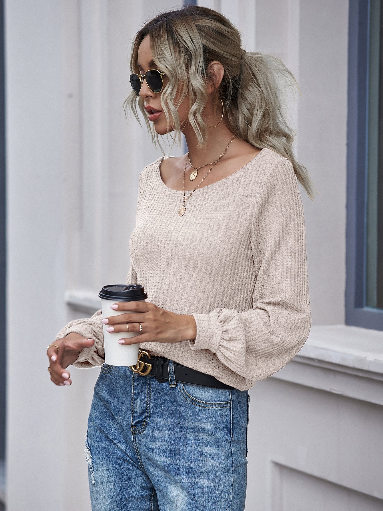 Lantern sleeve round neck T shirt