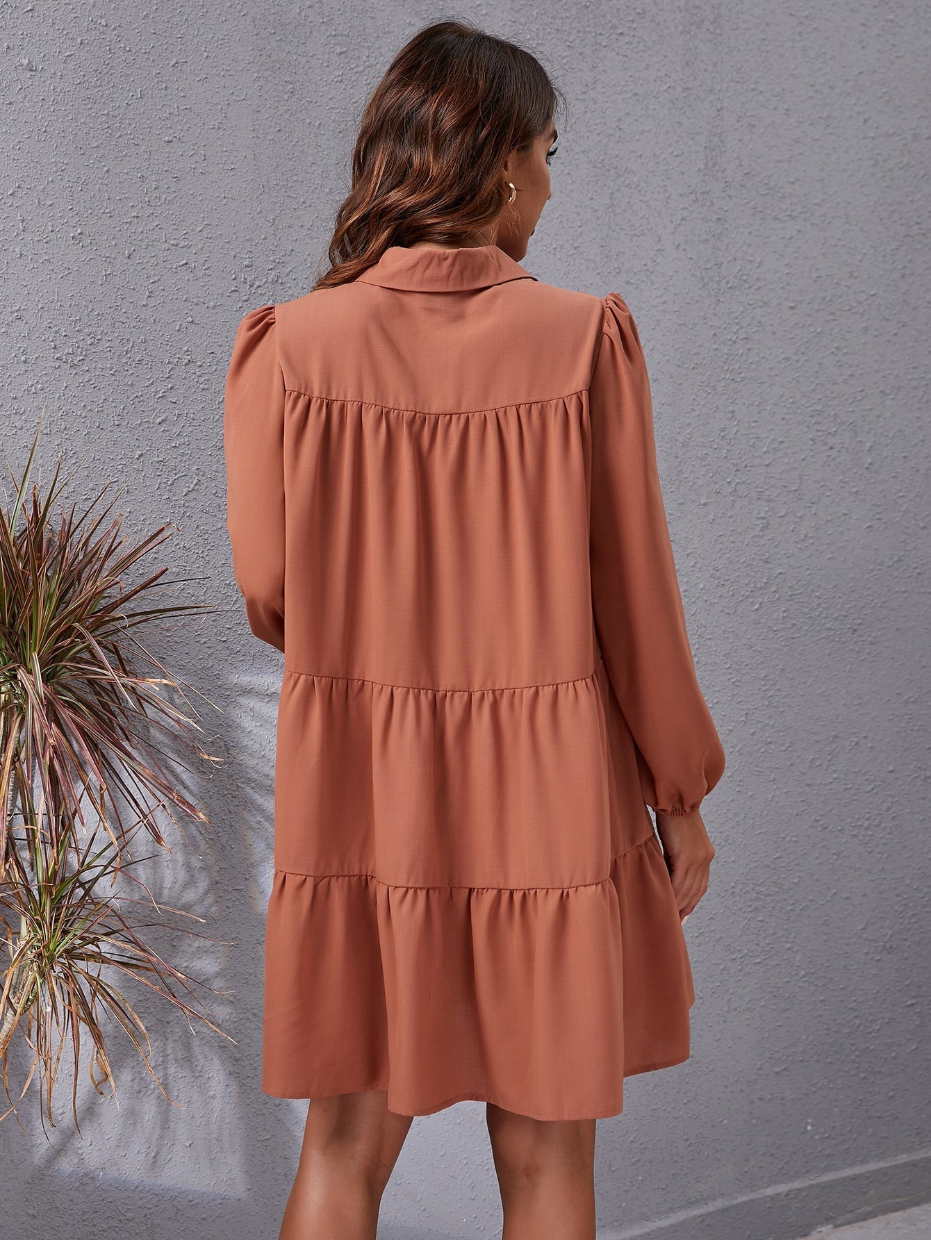 Lapel Drawstring Long Sleeve Smocked Casual Dress