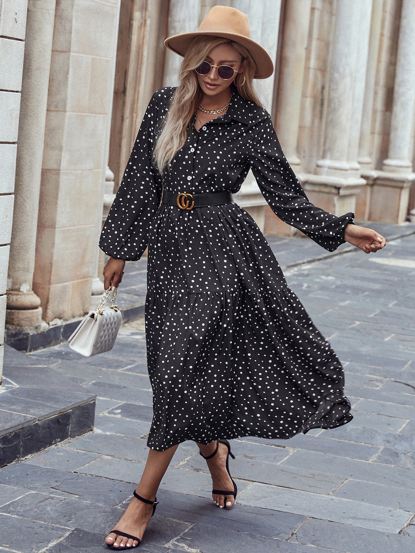 Lapel Long Sleeve Polka Dot Black Maxi Dress without Belt