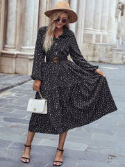 Lapel Long Sleeve Polka Dot Black Maxi Dress without Belt