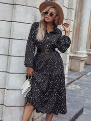 Lapel Long Sleeve Polka Dot Black Maxi Dress without Belt