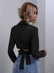 Lapel Neck Tie Back Crop Blouse