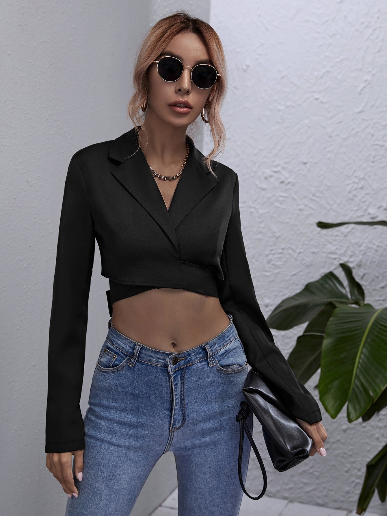 Lapel Neck Tie Back Crop Blouse