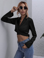 Lapel Neck Tie Back Crop Blouse