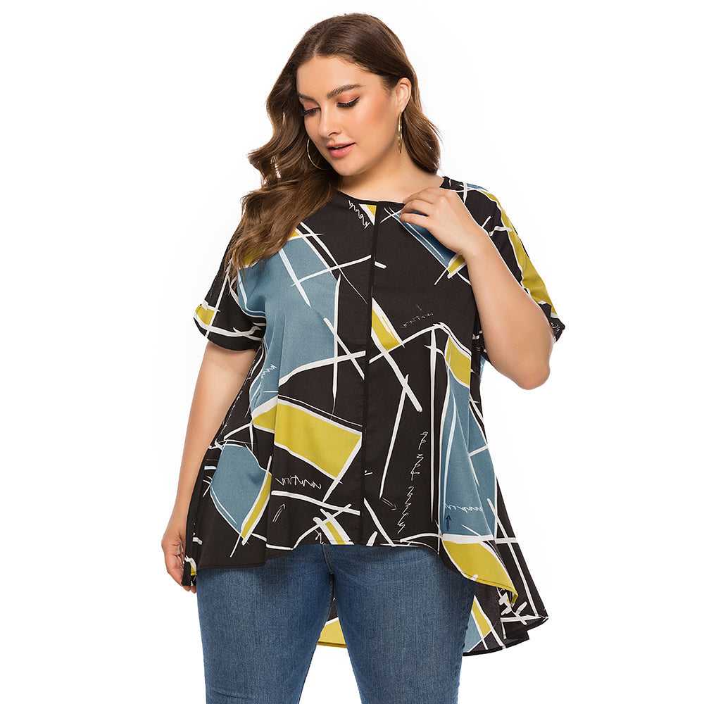 Large Size Women's Loose Geometric Print Short Sleeves T-shirt