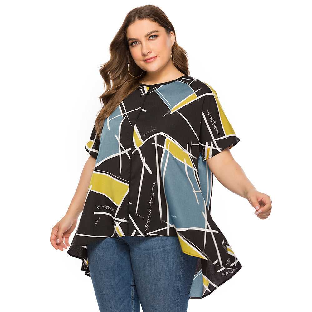 Large Size Women's Loose Geometric Print Short Sleeves T-shirt