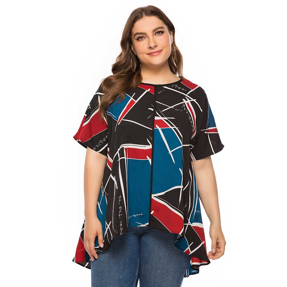 Large Size Women's Loose Geometric Print Short Sleeves T-shirt