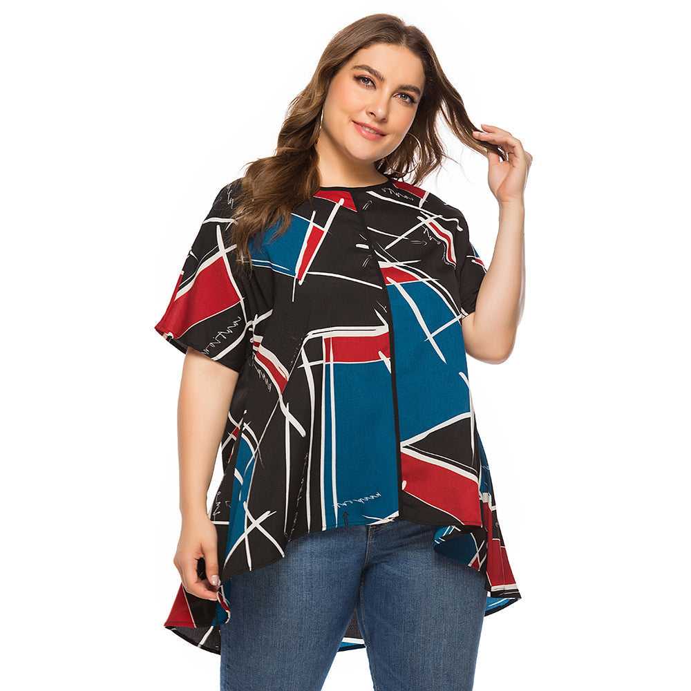 Large Size Women's Loose Geometric Print Short Sleeves T-shirt