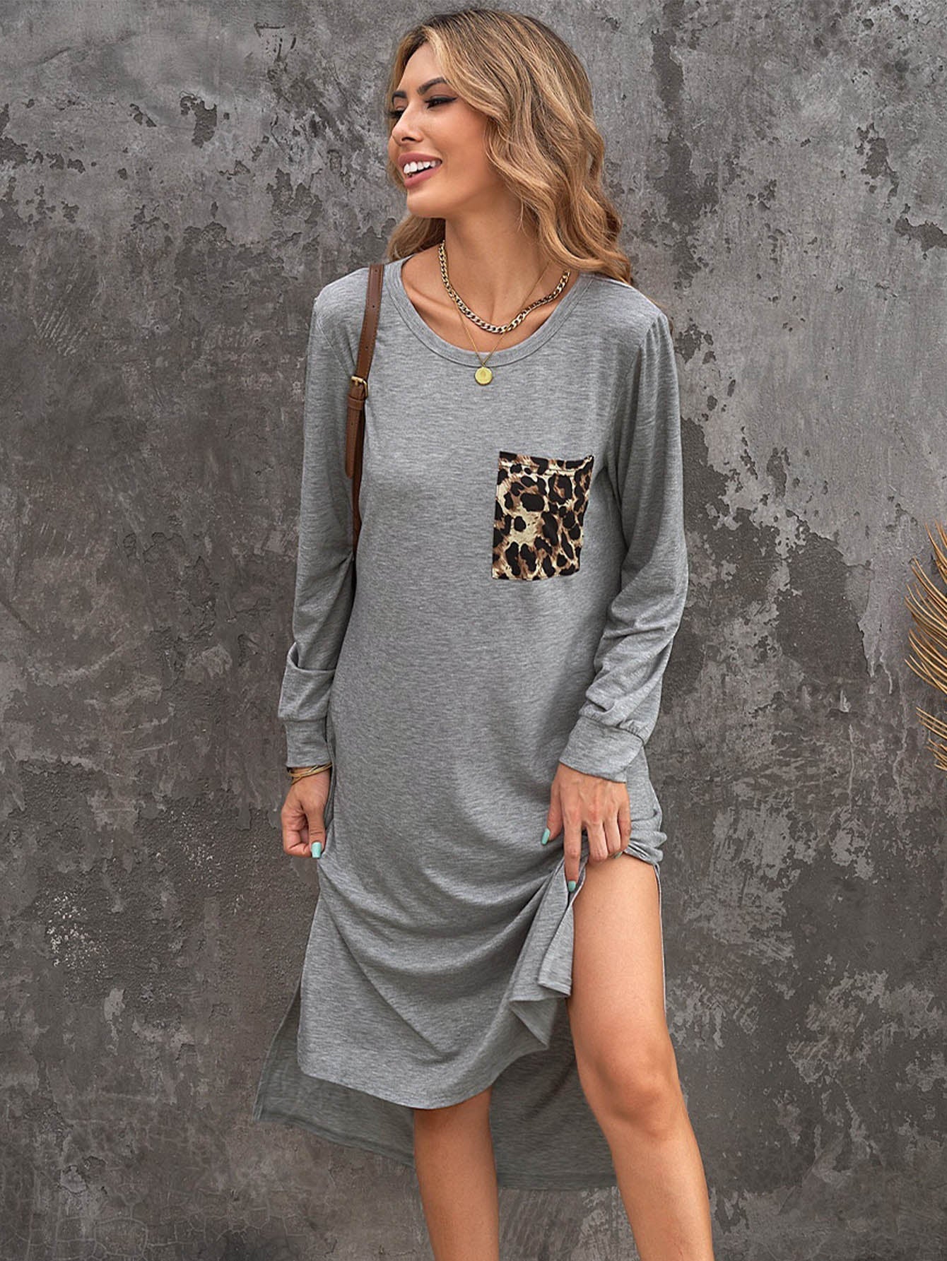 Leopard Patch Side Split Long Sleeve Midi Dress