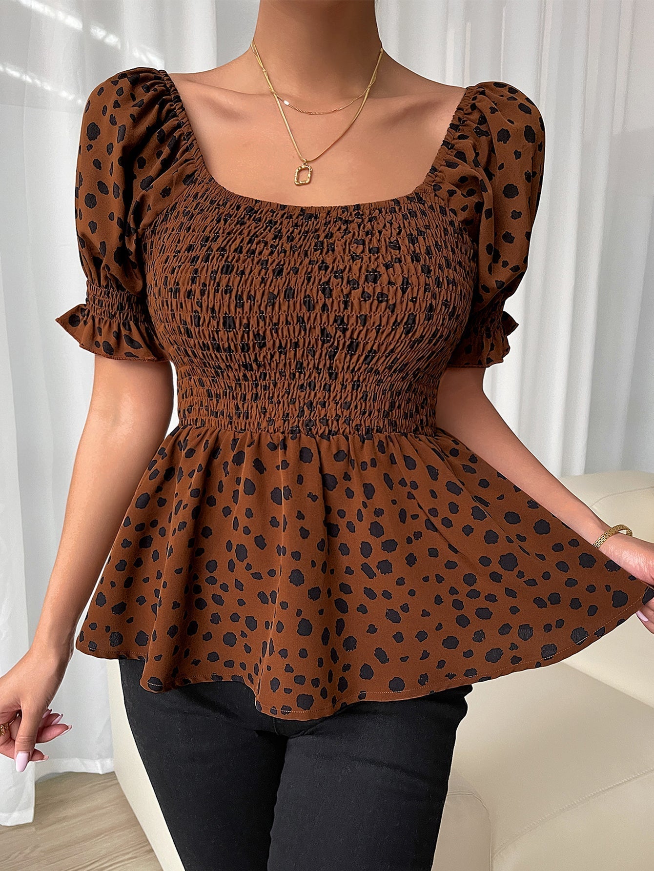 Leopard Print Puff Sleeve Shirred Peplum Top