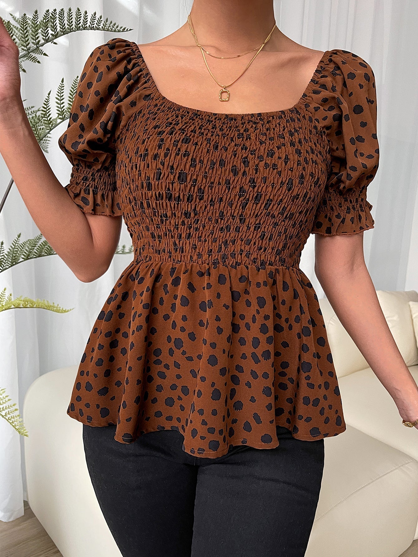 Leopard Print Puff Sleeve Shirred Peplum Top