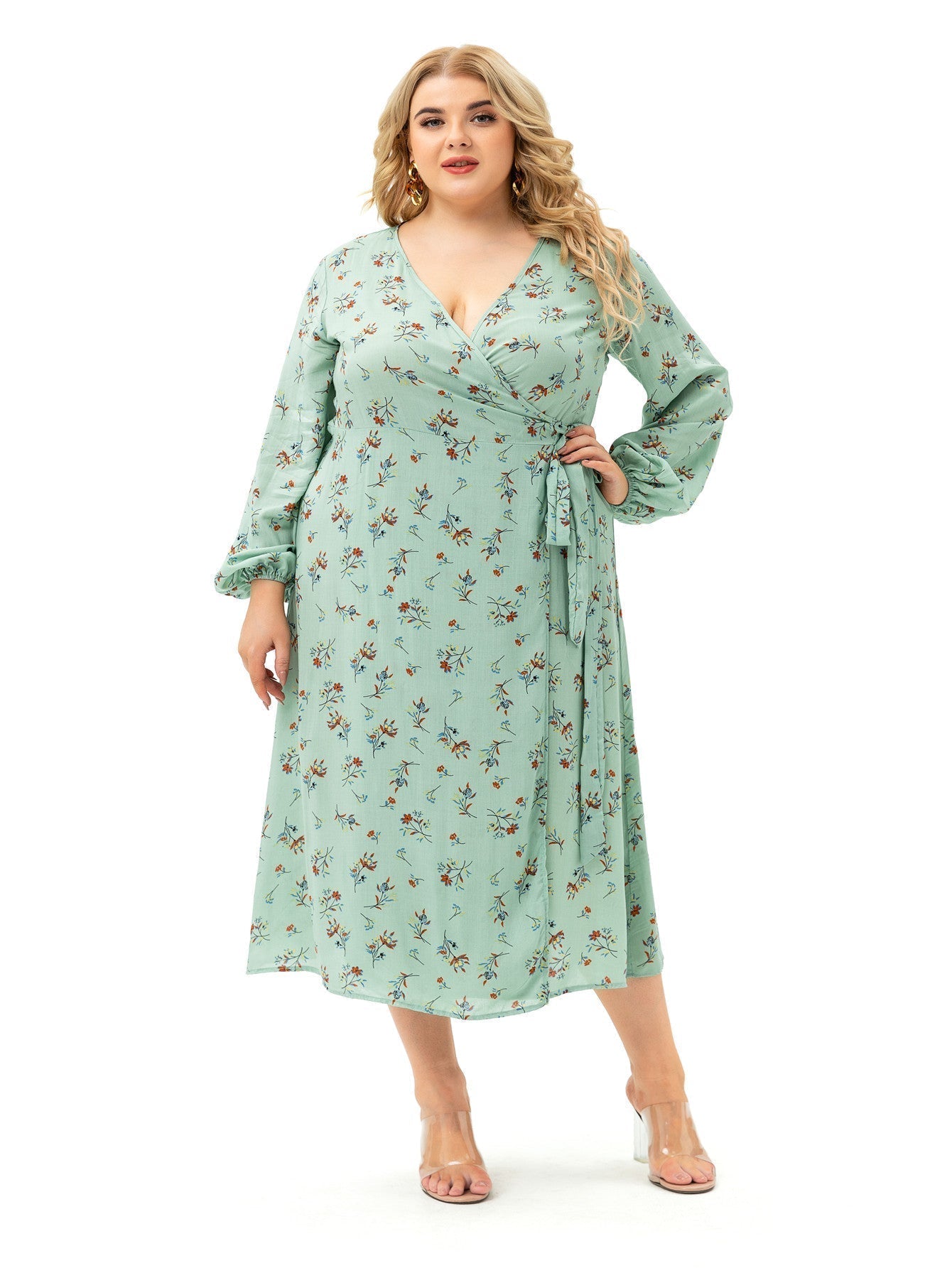 Light Green Plus Size Long Sleeve Wrap Dress