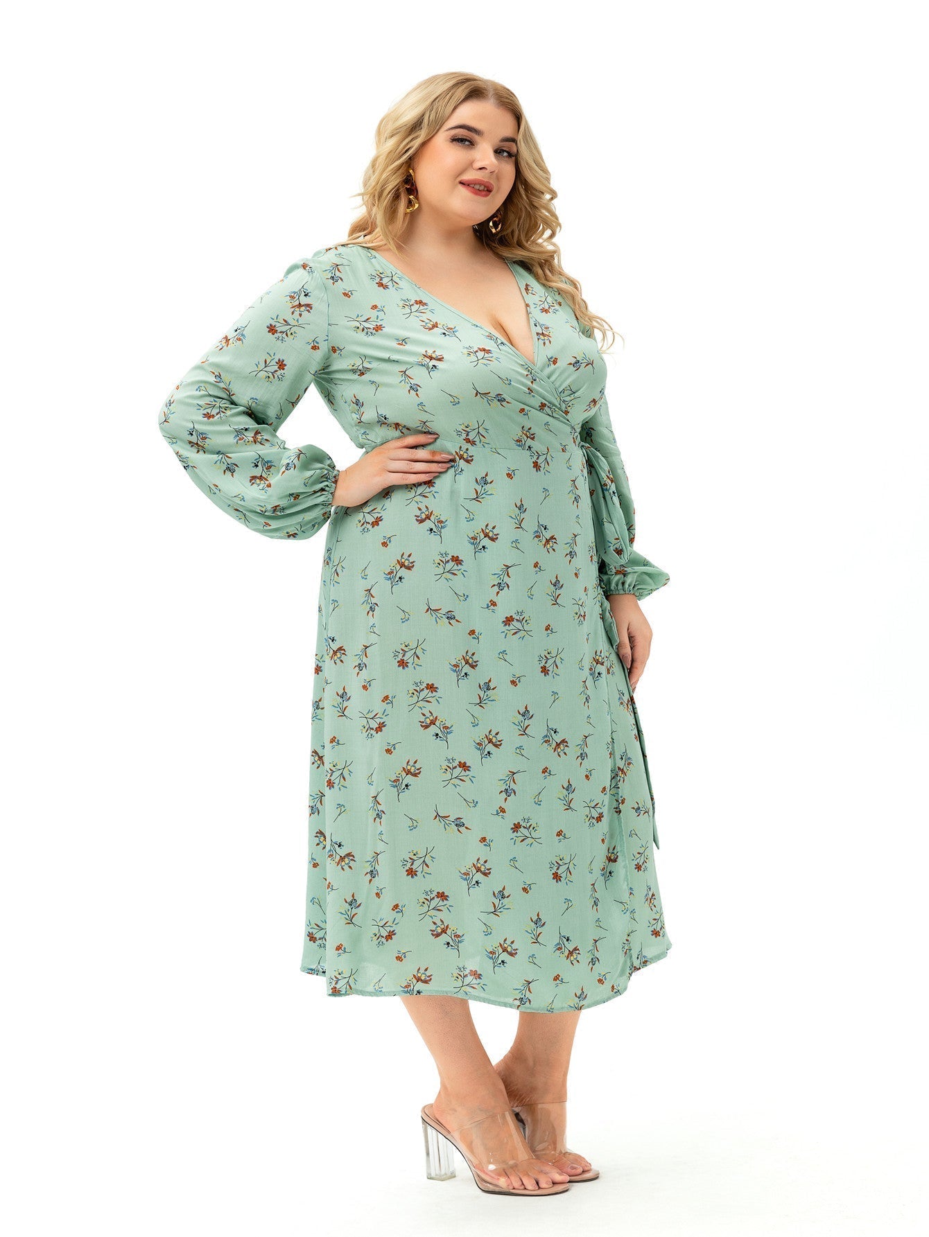 Light Green Plus Size Long Sleeve Wrap Dress