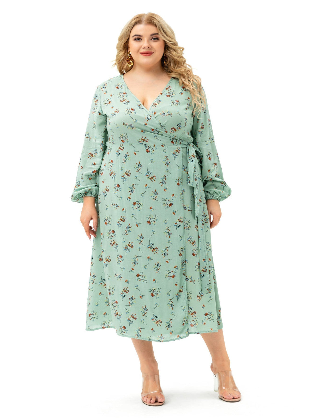 Light Green Plus Size Long Sleeve Wrap Dress