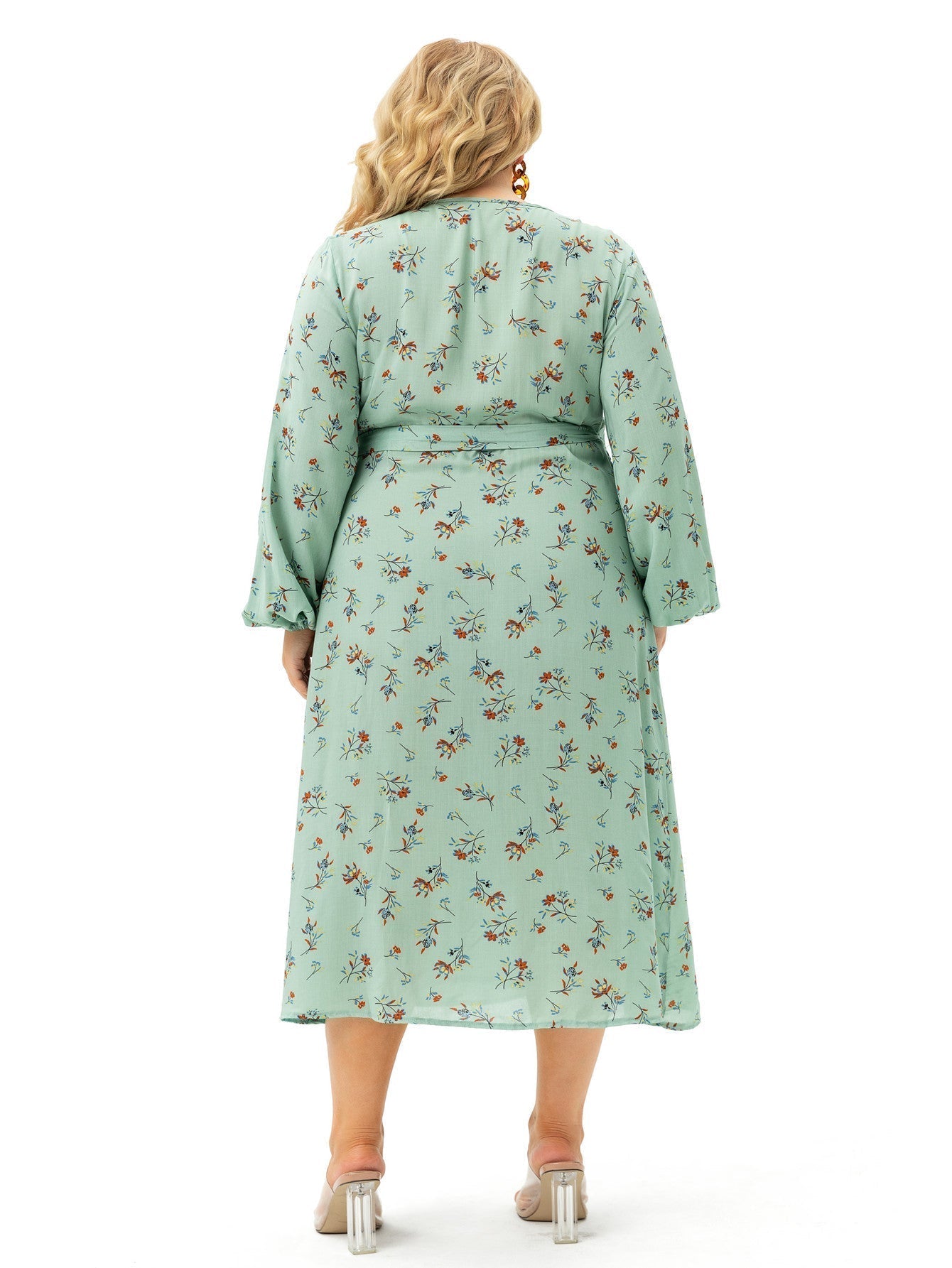 Light Green Plus Size Long Sleeve Wrap Dress